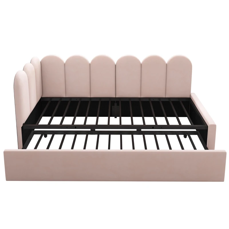 Cama tipo daybed tapizada con cama extraíble, sofá cama 2 en 1 con tapizado de terciopelo y somier de lamas, sin colchón, cama principal 90x200 cm / cama extraíble 90x190 cm, Rosa