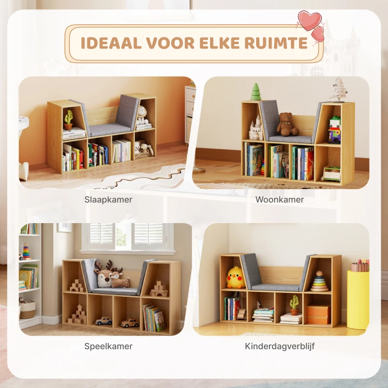HOMCOM Kinderboekenkast 2-in-1 Kinderrek Speelbank 103 cm incl. Kussens Grijs Naturel(m-6)