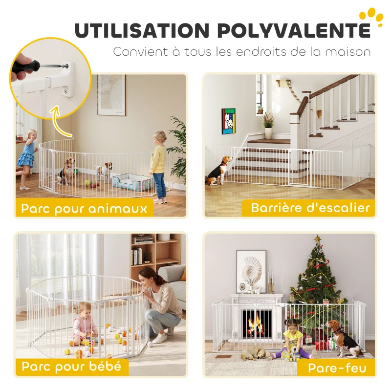 PawHut Barrière de sécurité en métal parc enclos pliable et modulable pour chien et enfant 8 panneaux 61 x 75 cm blanc