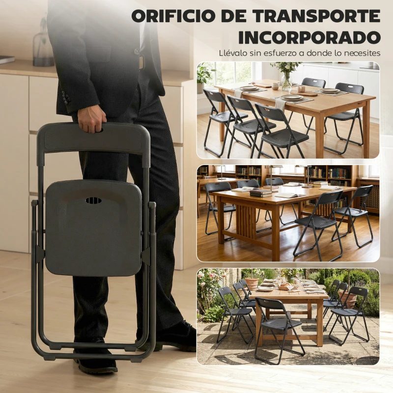 HOMCOM Juego de 6 Sillas Plegables de Plástico con Respaldo Curvo Diseño Ventilación Estructura de Acero 48,5x47x75 cm Negro