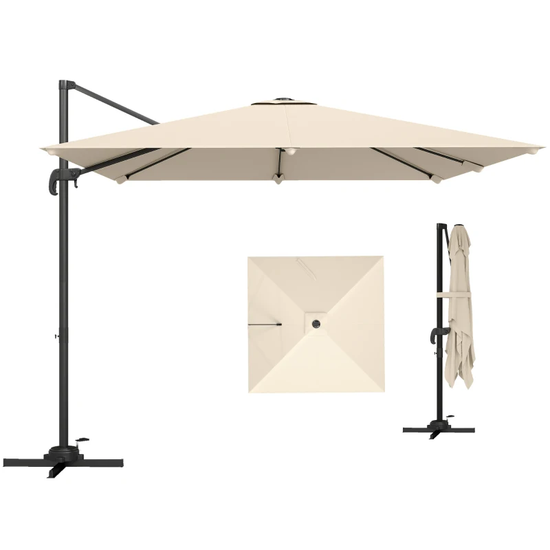 Outsunny Parasol desplazado cuadrado 3 x 3 m, parasol de jardín exterior, rotación 360°, inclinable 5 posiciones, base cruzada, kaki