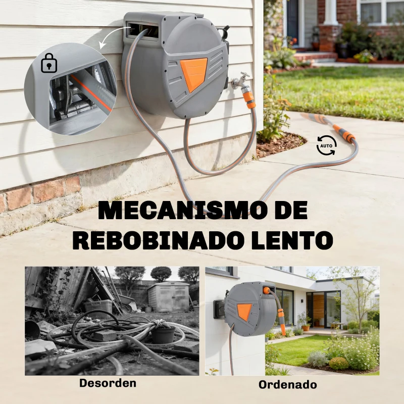 Outsunny Carrete de Manguera Retráctil 30+2 m con Boquilla de 2 Modos Bloqueo Automático y Retracción Controlada Soporte Naranja