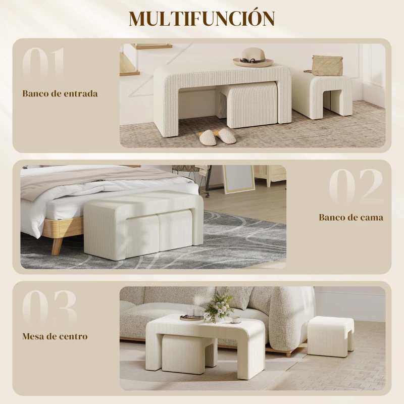 HOMCOM Juego de 3 Bancos Zapateros Grande y 2 Pequeños Modernos de Pana Diseño Compacto Mesa Auxiliar 104x44x48 cm Crema