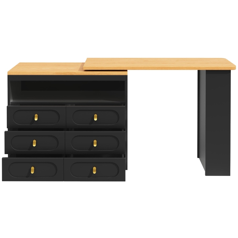 Mesa de bar extensible con 360°-función giratoria, 6 cajones y estante lateral para aperitivos, 137-203x39x90 cm, Negro