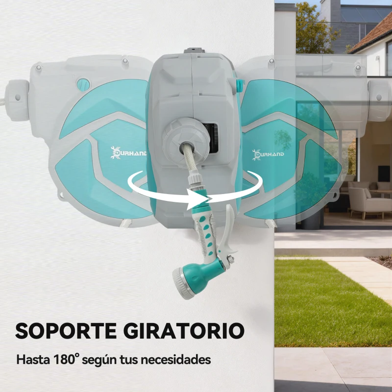 DURHAND Manguera Retráctil de Pared con Carrete de 10+1 m con Retorno Enrollado Automático y Boquilla de 7 Funciones Gira 180°