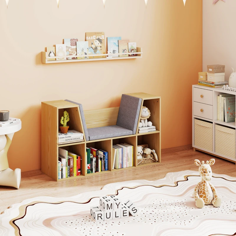 HOMCOM Kinderboekenkast 2-in-1 Kinderrek Speelbank 103 cm incl. Kussens Grijs Naturel(m-14)