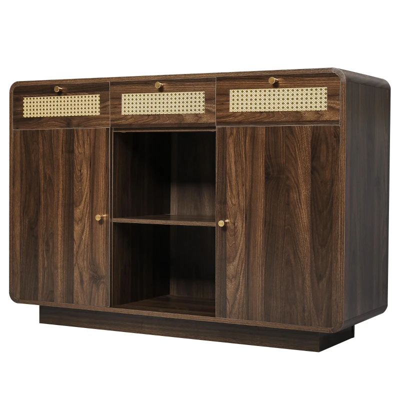 Kommode, 3 Schubladen + 2 Schränke mit offenem Mittelregal und Rattan-Fronten, 120 x 40 x 85 cm, Braun