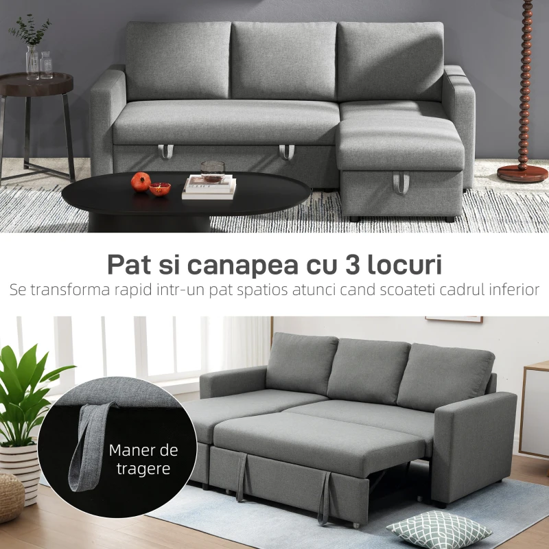 HOMCOM Canapea cu 3 Locuri și Spațiu de Depozitare, Canapea din Material Textil și Perne cu Huse Detașabile, 211.5x146x85 cm, Gri