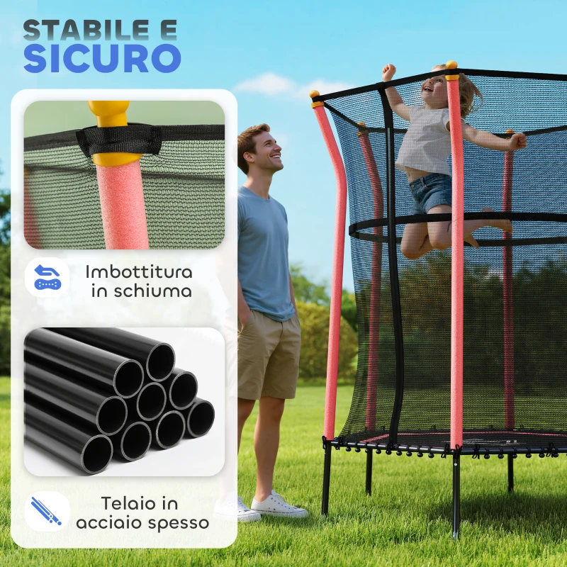 HOMCOM Tappeto Elastico per Bambini con Ingresso a Cerniera e Pali Imbottiti, Ø163.5x190 cm, Rosso