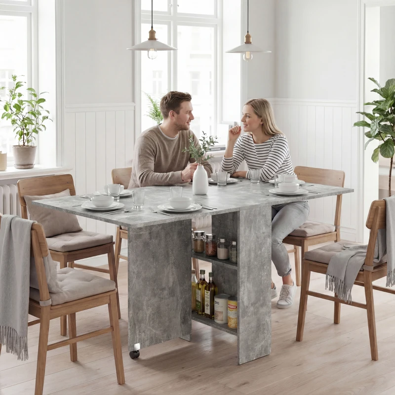 HOMCOM 80-140 cm Folding Dining Table for 4-6 People, Drop Leaf Table with 2-Tier Shelves, Rolling Casters, for Small Spaces, Kitchen, Flat, Dining Room, Cement Grey