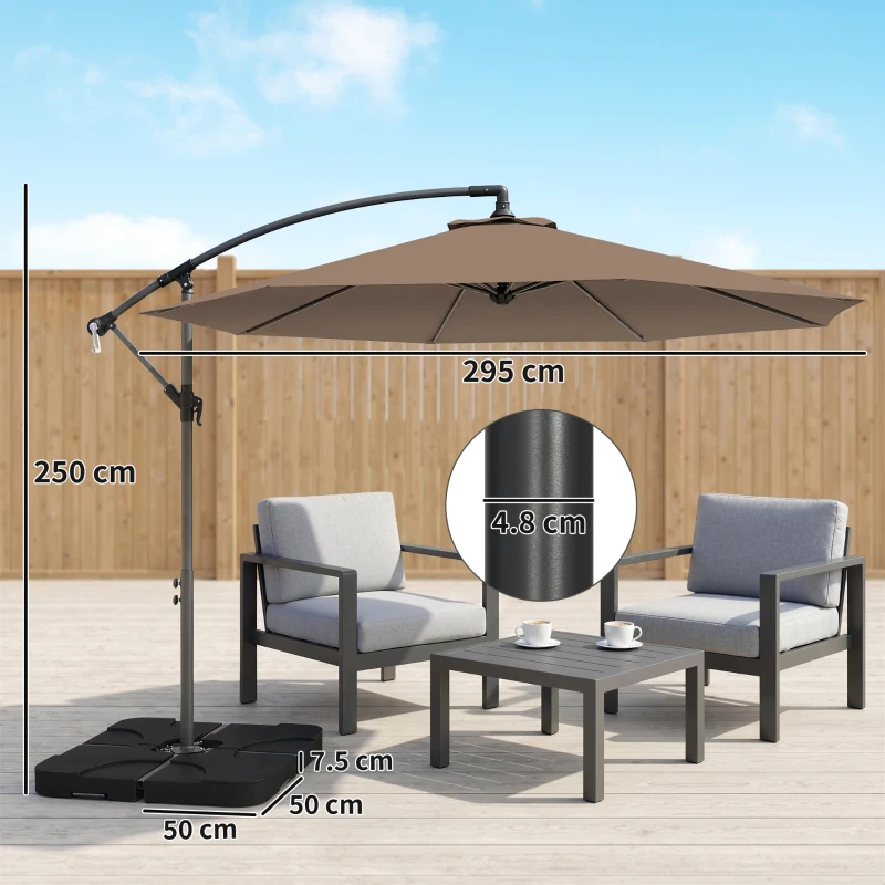 Outsunny 3(m) Garden Banana Parasol Cantilever Umbrella with Crank Handle, Cross Base, Weights and Cover for Outdoor, Hanging Sun Shade, Coffee