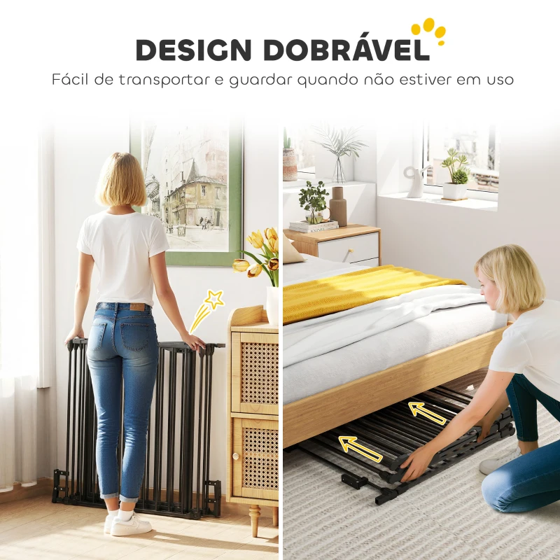 PawHut Barreira de Segurança para Animais de Estimação Barreira Dobrável de 5 Painéis com Fechadura Inteligente 300x74,5 cm Preto