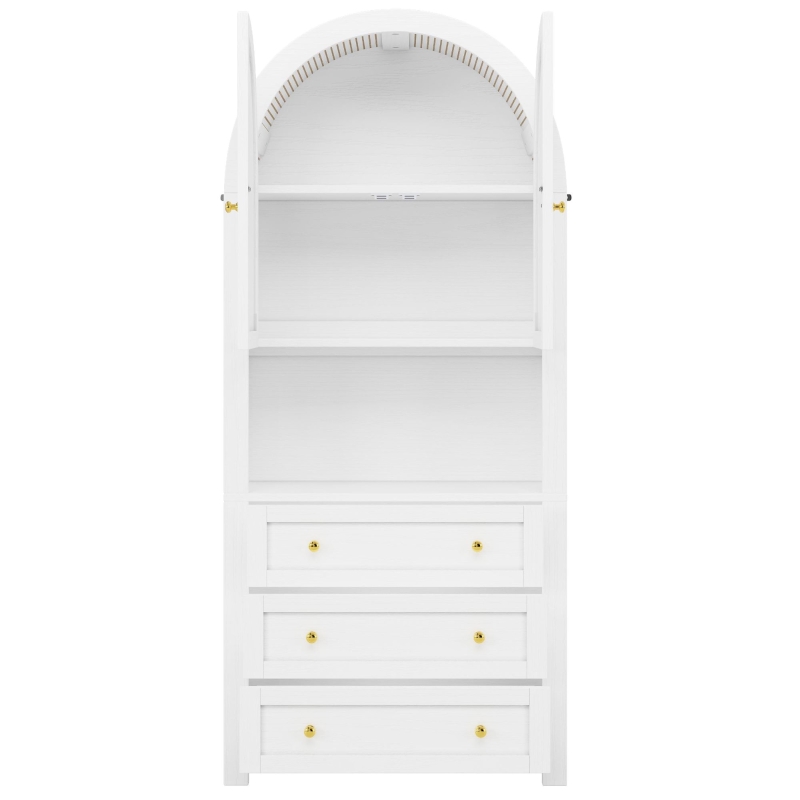 Armario alto con arco de almacenaje con 3 cajones, puertas y estante expositor abierto, para cocina y salón, 70x35x180 cm, Blanco