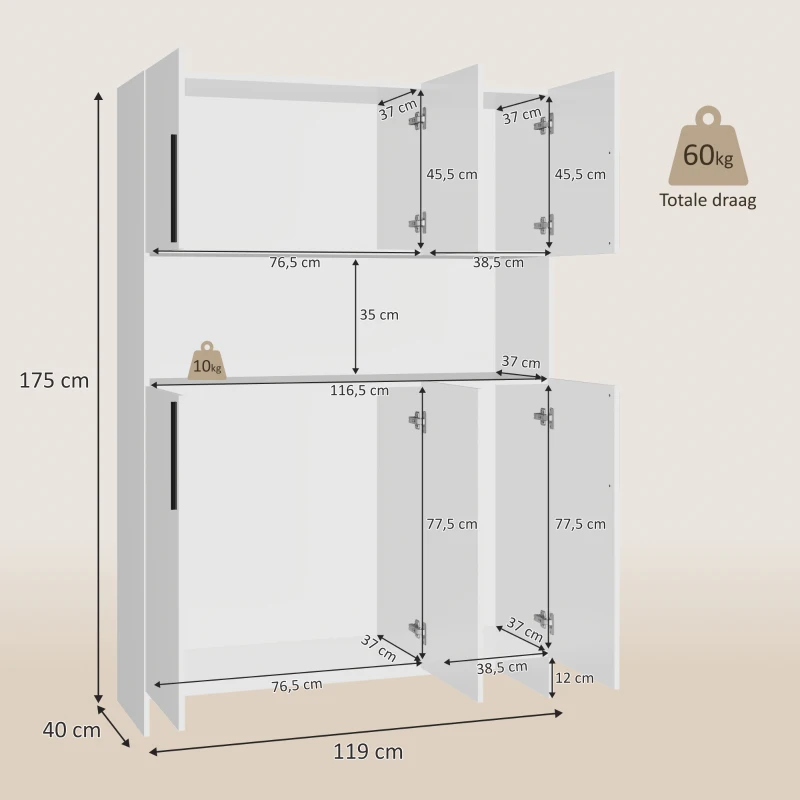 HOMCOM Keukenkast 4-kastige met werkblad, 119B x 40D x 175H cm, Wit(m-3)