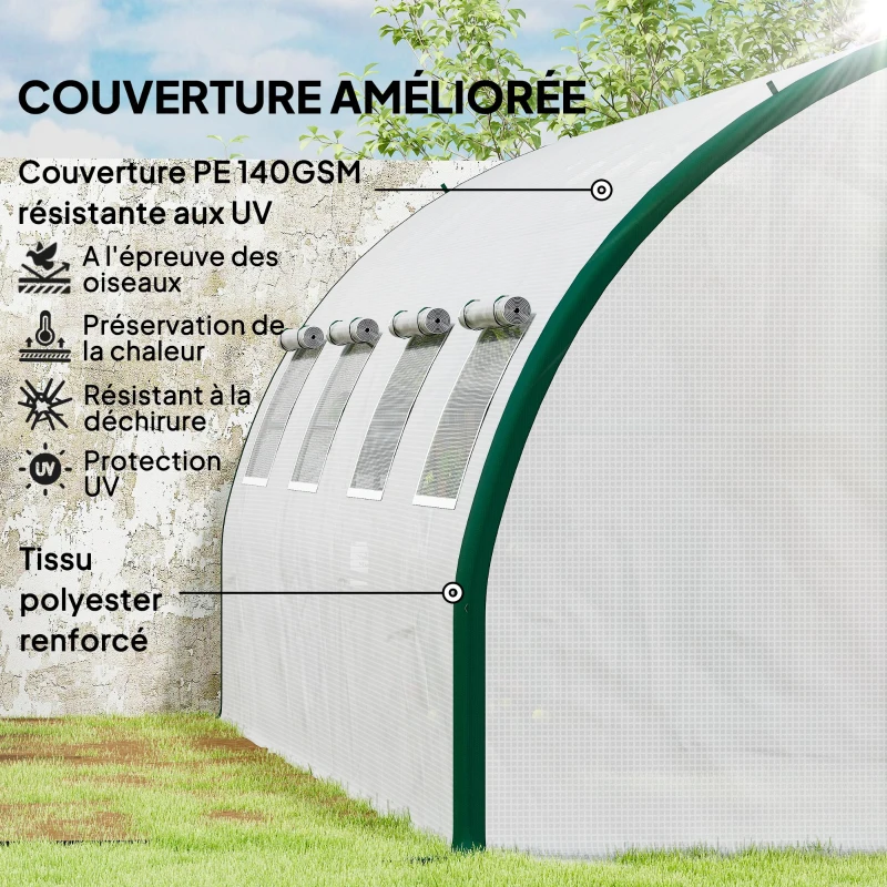 Outsunny Serre tunnel de jardin 18m², serre de jardin tunnel avec portes et 8 fenêtres, bâche PE 140g/m² 600 x 300 x 200 cm blanc