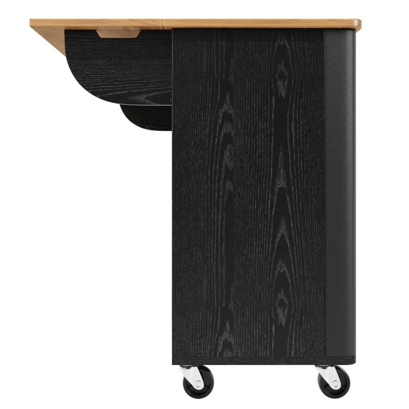 Îlot de cuisine mobile avec plan de travail rabattable, 3 portes, porte-serviettes et étagère à épices, 130x45/75x92 cm, Noir