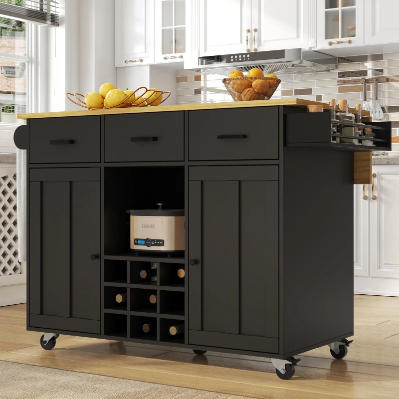 Desserte de cuisine avec plateau rabattable, 3 tiroirs, 2 portes, casier à bouteilles et porte-serviette, 124x40/65x91,5 cm, Noir