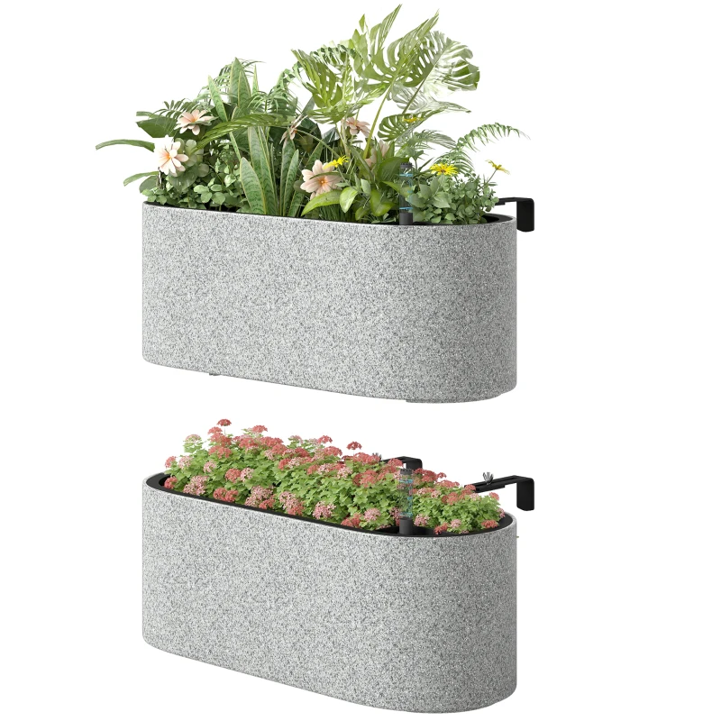 Outsunny Set 2 vasi appendibili con drenaggio e ganci, 42x16x15 cm, Grigio chiaro