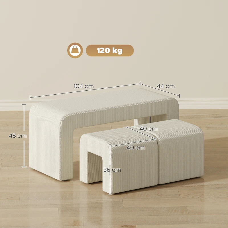 HOMCOM Juego de 3 Bancos Zapateros Grande y 2 Pequeños Modernos de Pana Diseño Compacto Mesa Auxiliar 104x44x48 cm Crema