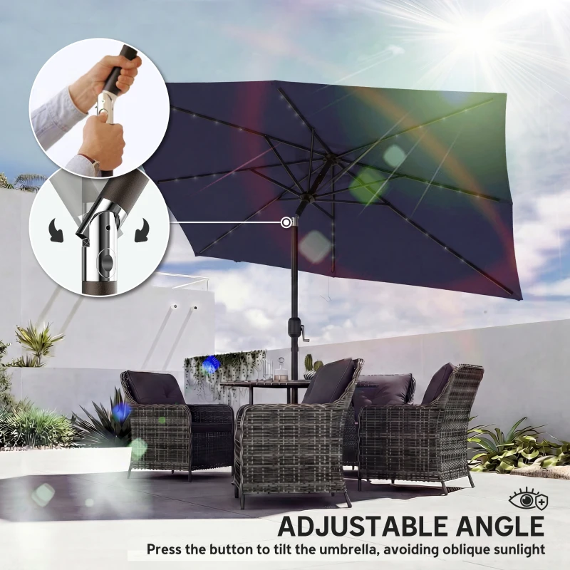 Outsunny Parasol de Jardin avec 24 Lumières LED Solaires Toile Inclinable Mât Métallique 2,9x2,5 m Bleu Foncé