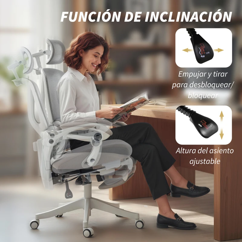 HOMCOM Silla de Escritorio de Malla Reclinable con Reposacabezas Soporte Lumbar Reposapiés y Altura Regulable Gris Claro