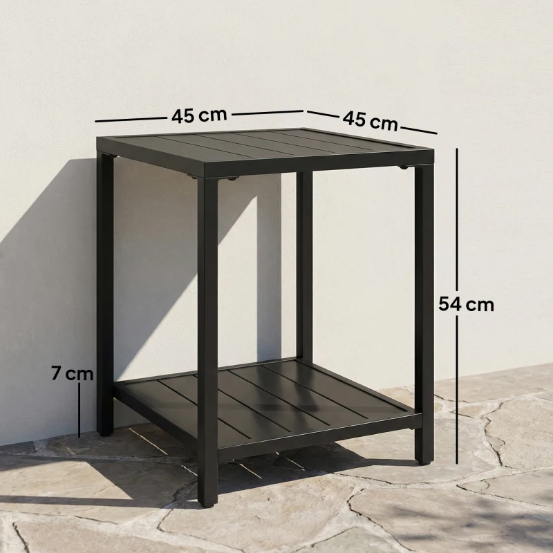 Outsunny Măsuță laterală 45 x 45 cm, rezistentă la intemperii, masă de grădină cu design cu lamele, raft, picioare reglabile, suport 30 kg