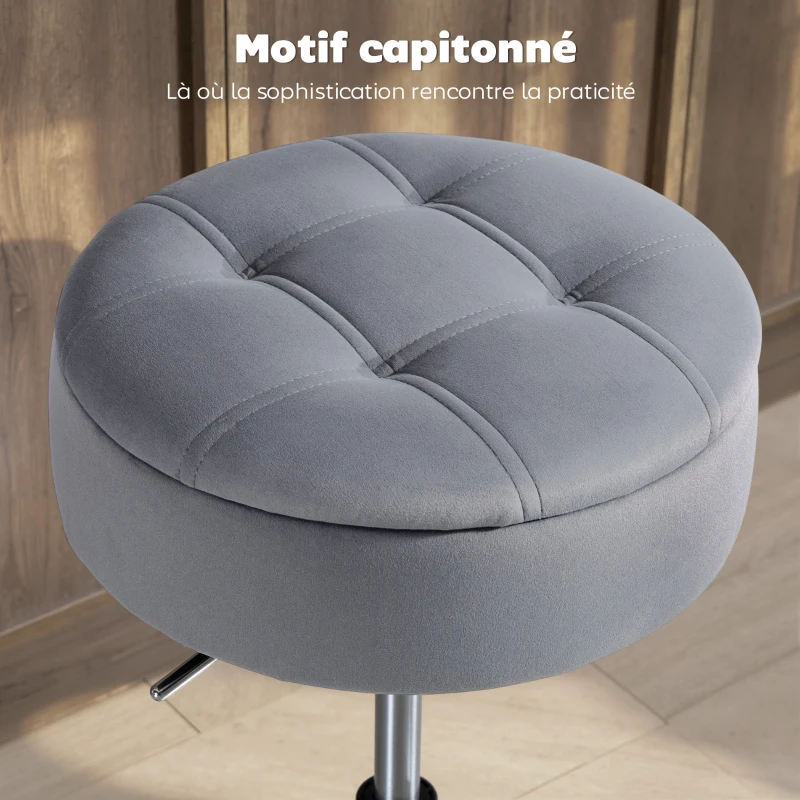 HOMCOM Tabouret de bar, chaise de bar avec rangement et base en métal, assise velours capitonné, 39 x 39 x 49-65 cm, gris