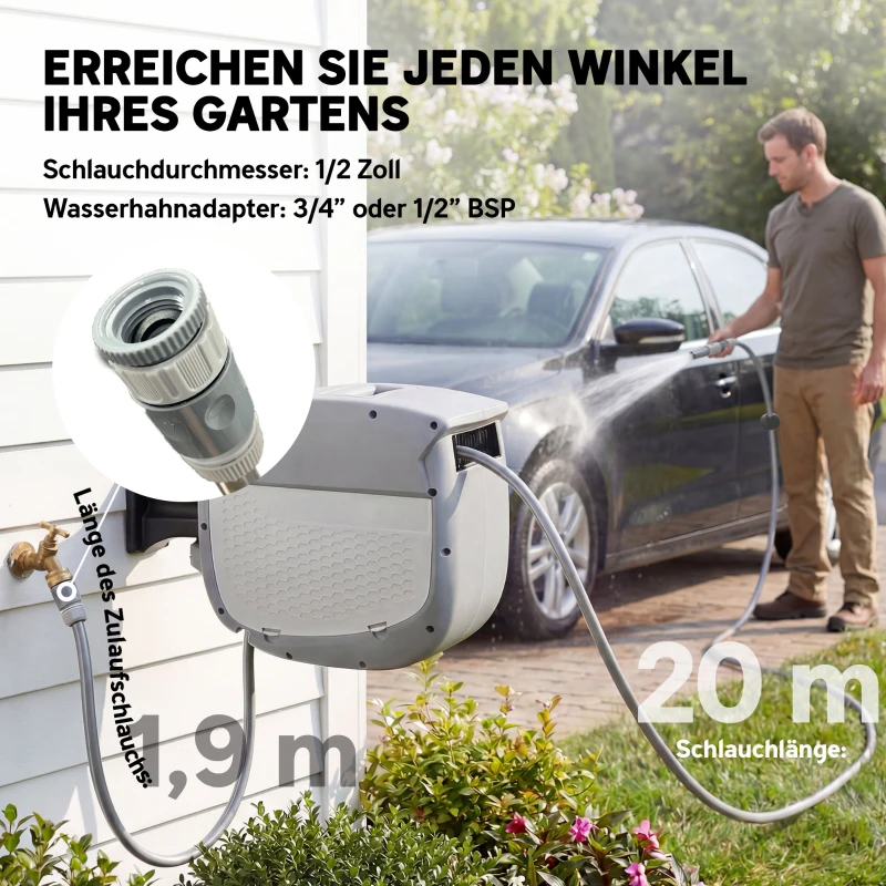 Outsunny Schlauchtrommel mit Gartenschlauch 20 m, 180° schwenkbar Schlauchbox mit automatische Aufrollung Selbstverriegelung