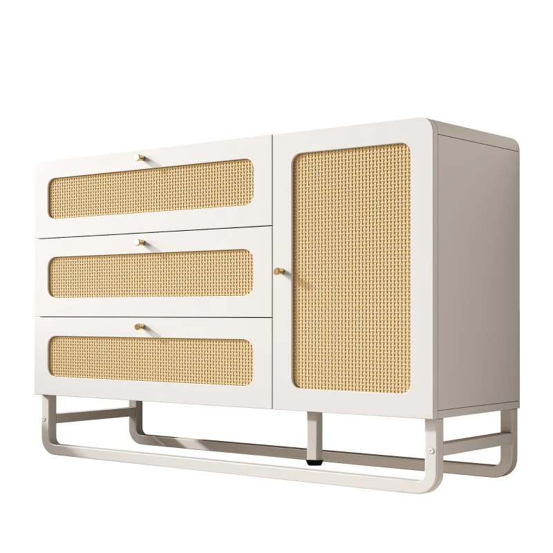 Cassettiera 3 cassetti in rattan dallo stile country con maniglie dorate e 1 anta, 120x40x85 cm, Bianco