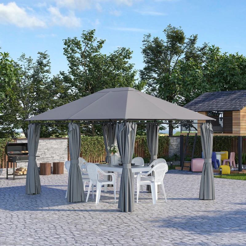 Outsunny Gazebo 3x4 m con 6 Pareti Rimovibili, 8 Fori di Drenaggio e 12 Picchetti, in Acciaio e Poliestere, Grigio e Nero