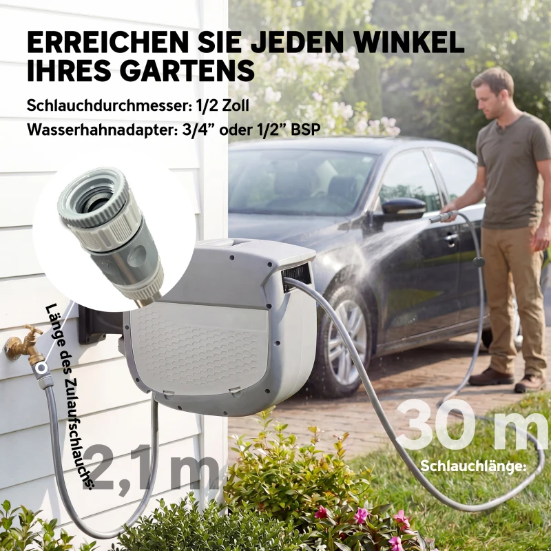Outsunny Slanghaspel met tuinslang 30 m, 180° draaibare slangbox met automatische oprolfunctie en zelfvergrendeling