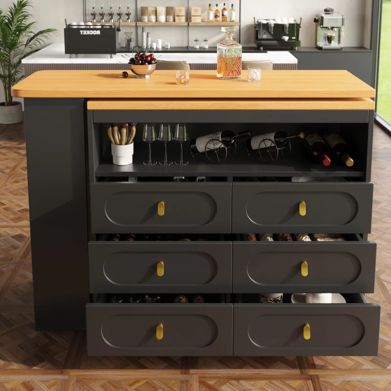 Mesa de bar extensible con 360°-función giratoria, 6 cajones y estante lateral para aperitivos, 137-203x39x90 cm, Negro