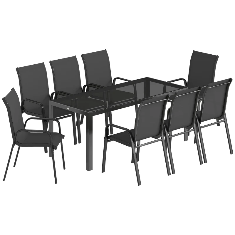 Outsunny Ensemble Repas de Jardin 9 Pièces, Table et Chaises pour 8 Personnes, Set d'Extérieur avec Plateau en Verre Trempé, Noir