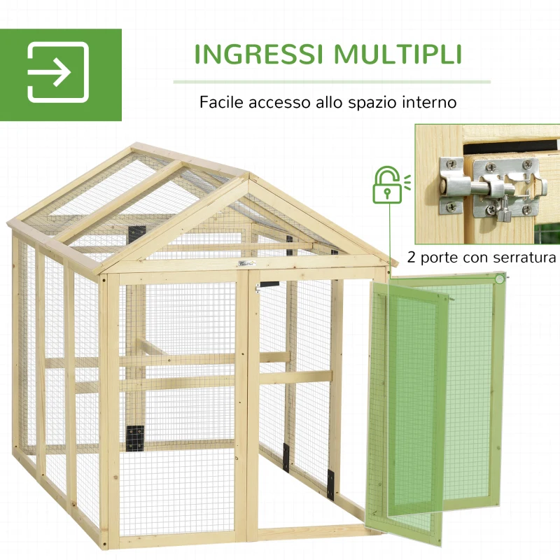 PawHut Recinto per Galline all'Aperto in Legno con Porte Multiple e Rete in Metallo, 140x88.5x106 cm, color Legno