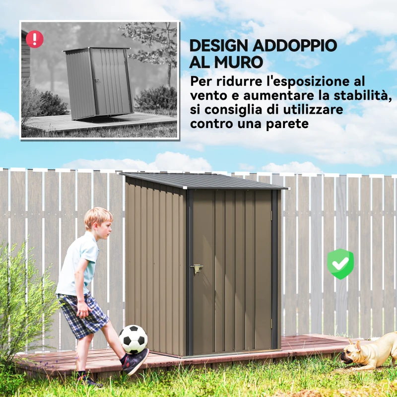 Outsunny Casetta da Giardino Porta Attrezzi in Acciaio Galvanizzato con Porta, 100x104x160 cm, Marrone e Grigio Scuro