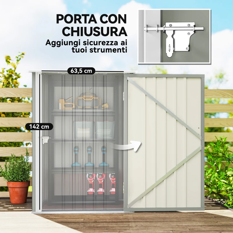 Outsunny Casetta da Giardino Porta Attrezzi in Acciaio Galvanizzato con Porta, 100x104x160 cm, Grigio Chiaro