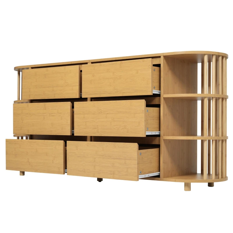 Cómoda aparador, 6 cajones & estantes abiertos, diseño romano con columnas & estantes-bambú, 160x40x75 cm, Color natural