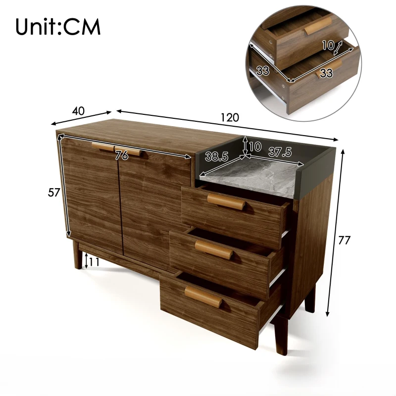 Commode de salon avec 3 tiroirs et armoire à deux portes, 120x40x77 cm, Couleur naturelle