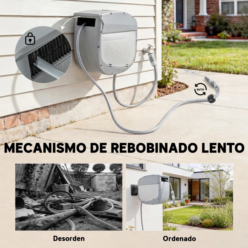 Outsunny Carrete de Manguera Retráctil 20+1,9 m con Boquilla de 2 Modos Bloqueo Automático y Retracción Controlada Soporte Gris
