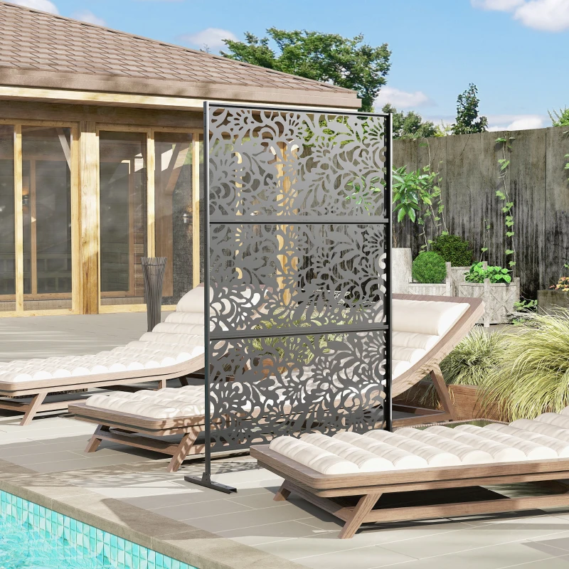 Outsunny Painel Brise-Vue Decorativo Exterior Claustra Decorativo Jardim 3 Painéis com padrão floral Aço 122 x 45 x 198 cm Preto