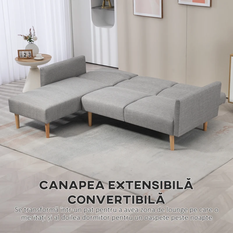 HOMCOM Canapea Extensibila pe Colt cu 3 Locuri din Tesatura Gri Reglabila Stil Scandinav(m-4)