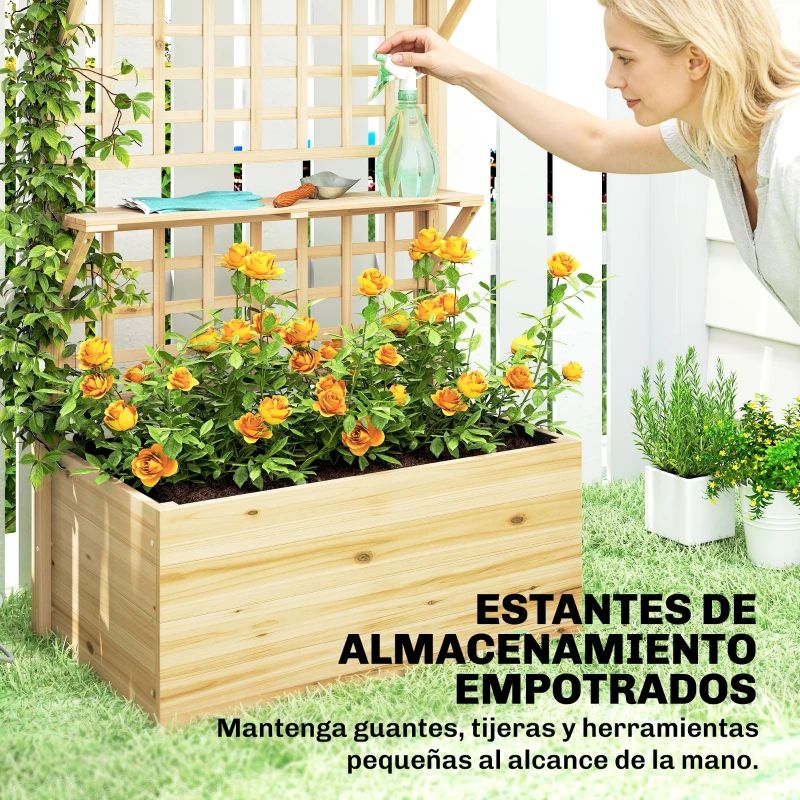 Outsunny Jardinera con Enrejado y Techo de Madera para Plantas Trepadoras con 2 Estantes Drenaje y Forro 76x43,5x177 cm Natural