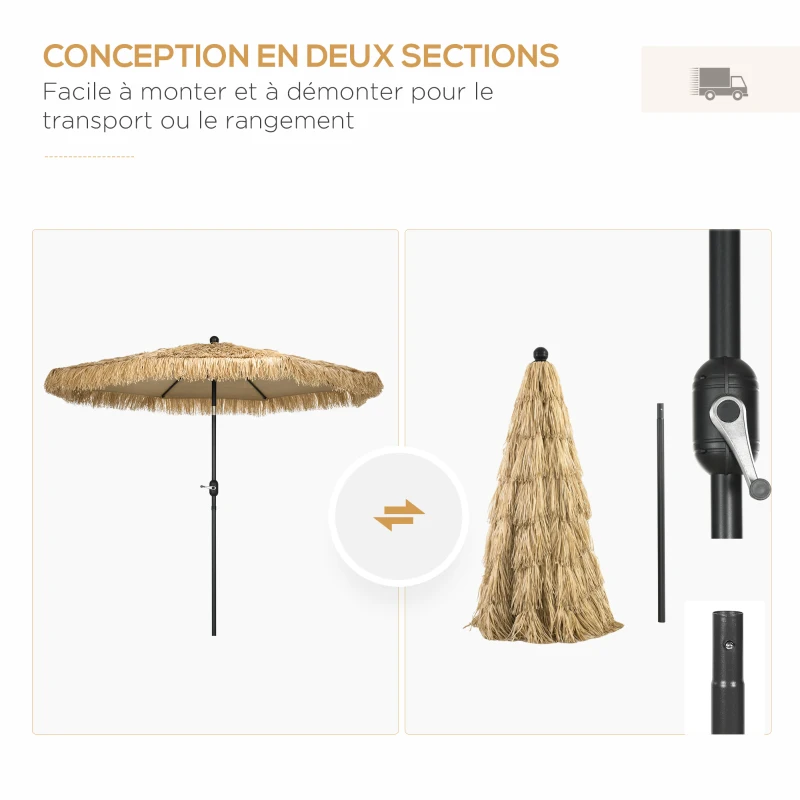 Outsunny Parasol de jardin extérieur à franges parasol inclinable avec ouverture fermeture manivelle 2,65 m kaki