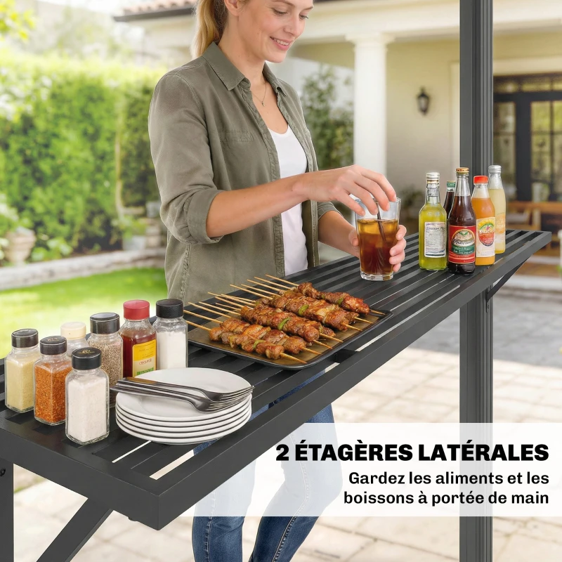 Outsunny Abri barbecue extérieur tonnelle de jardin aluminium à double toit 2 étagères latérales crochets 231x165x246cm noir