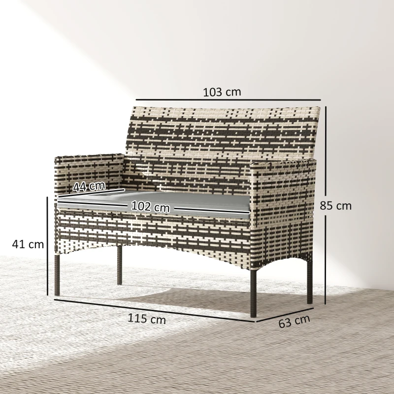 Outsunny Sofá de jardín 2 plazas en resina trenzada con cojines sofá de exterior con reposabrazos 115 x 63 x 85 cm gris claro