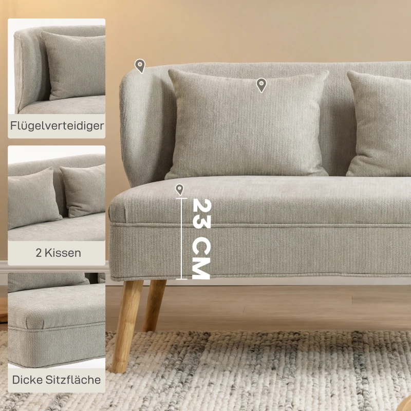HOMCOM 2-Sitzer-Sofa, kleines Chenille-Sofa mit Flügelrücken, dickem Sitz, Gummibaumholzfüßen, Beige