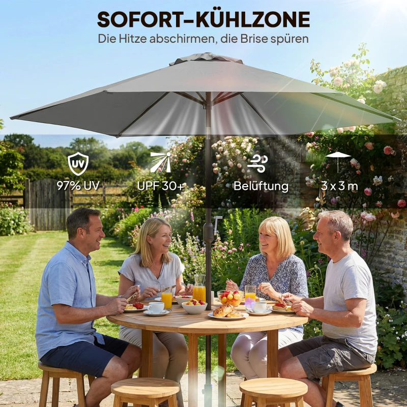 Outsunny 3 m Sonnenschirm mit Schutzhülle, Outdoor-Marktschirm mit Neigefunktion und Kurbel, Windöffnung, Grau