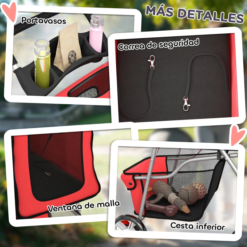 PawHut Carrito para Perros Pequeños con Cesta de Almacenaje Portavasos Ruedas y Cojín Lavable 77x44x102 cm Rojo