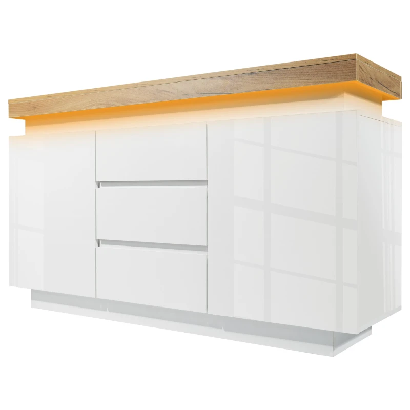 Cassettiera 3 cassetti a LED con 2 Ante per soggiorno e camera da letto, 140x39x81 cm, Bianco