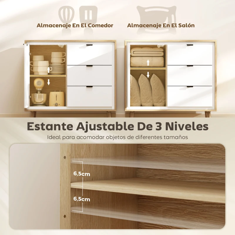 HOMCOM Aparador para Salón Moderno con Puerta 3 Cajones Estante Ajustable para Comedor Entrada 80x35x77 cm Blanco y Roble